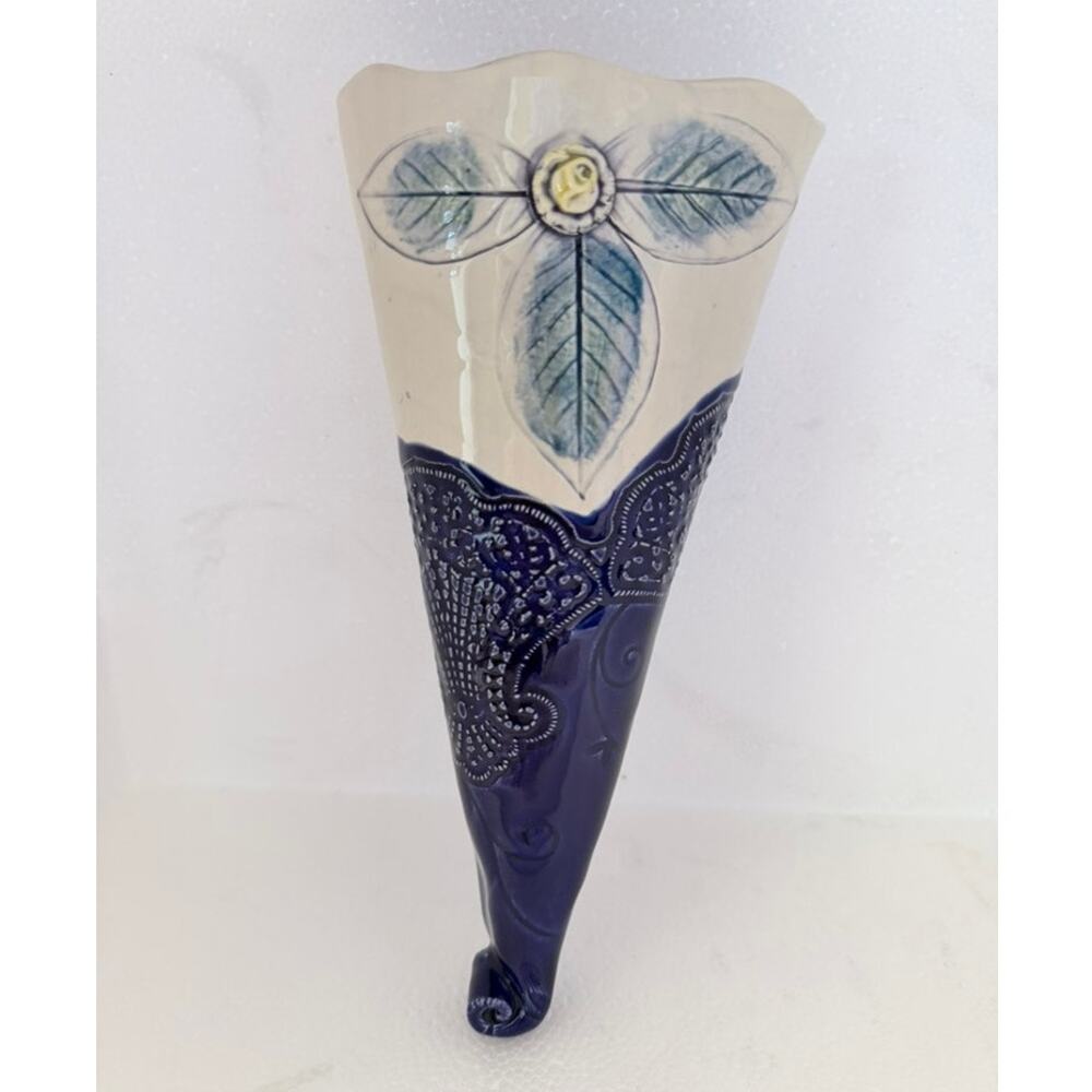 Vtg French Faience Wall Pocket Vase Ceramic Hand Painted 3D Floral Art Unique